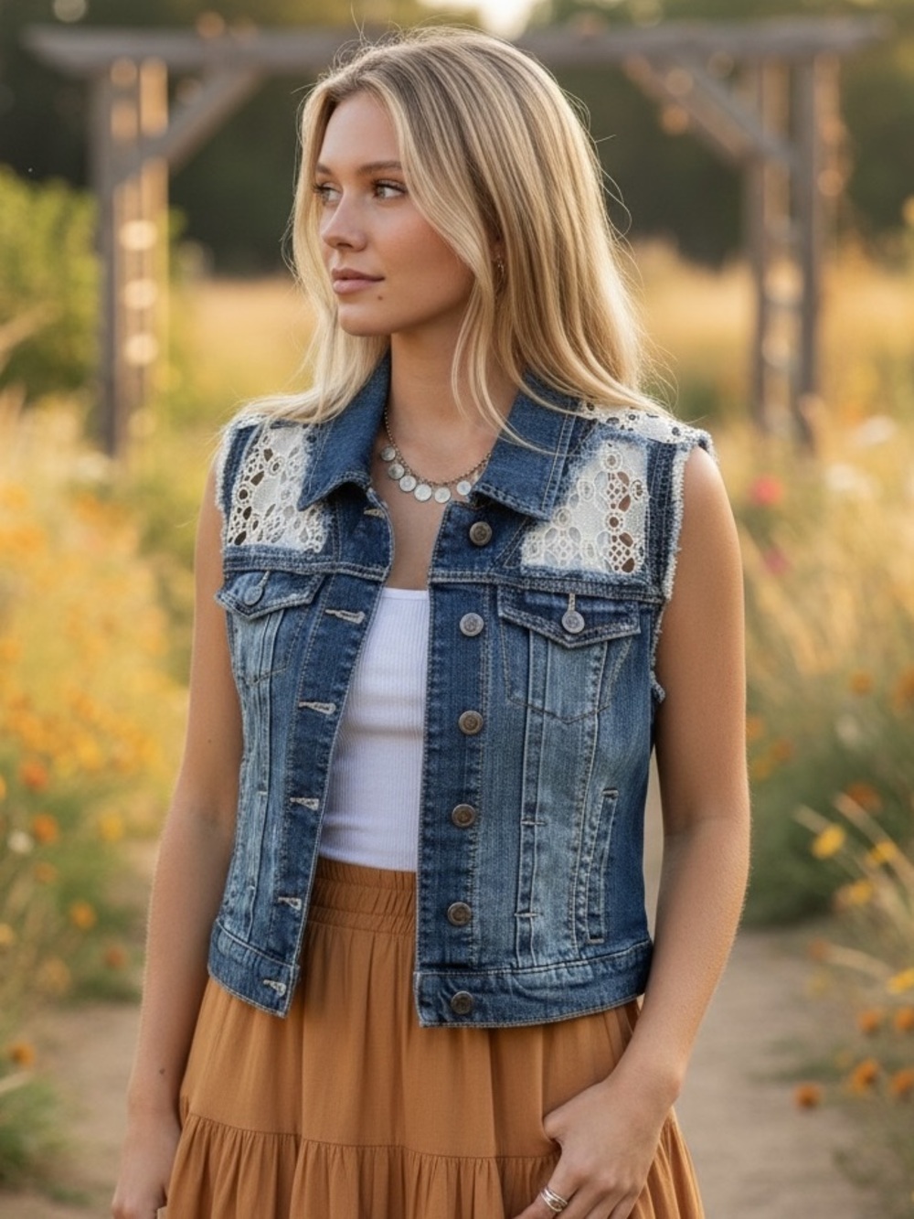 Rue21 Distressed Blue Denim Vest with White Lace Trim